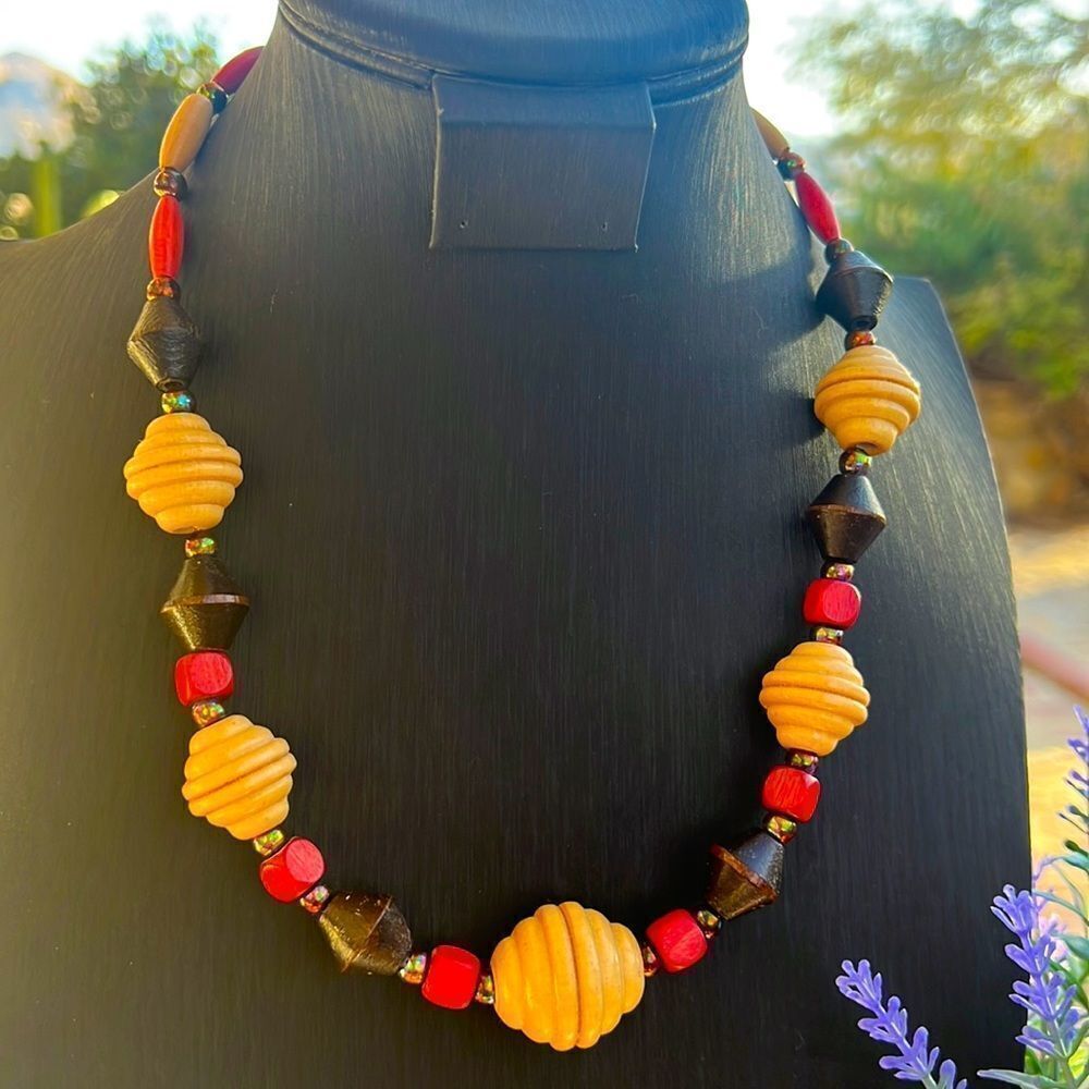 Vintage 80’s Colorful Wood Bead Necklace 